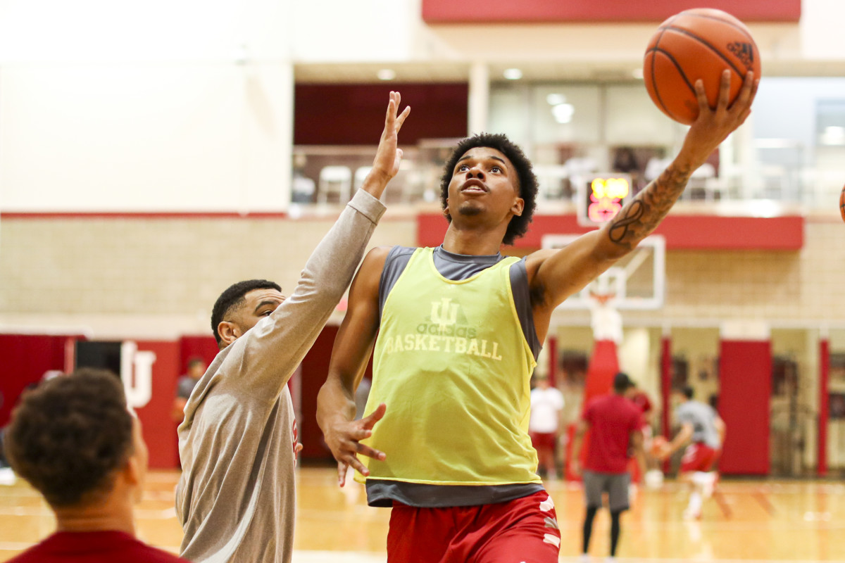 CJ Gunn drives for a layup during Indiana basketball practice at Cook Hall.